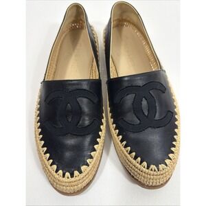 Chanel Black Leather CC Raffia Espadrille Flats Size EU‎ 36 US 6